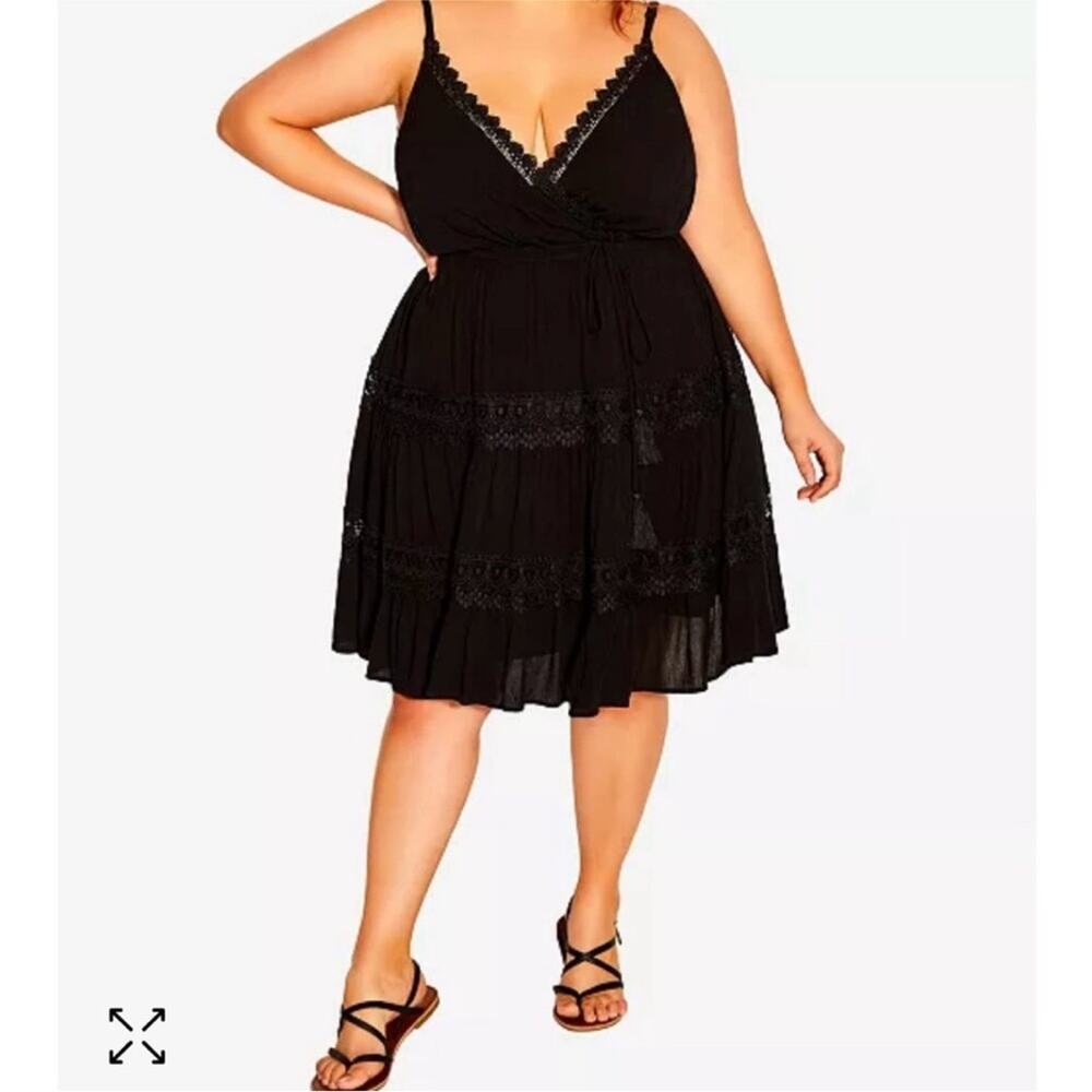 City Chic Sunset Dream black crochet lace‎ trim belted dress size XXL / 24 NWT